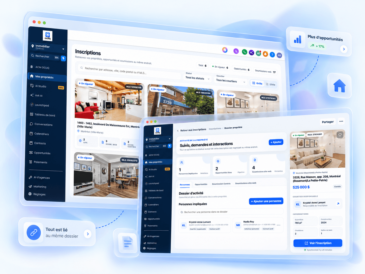 Exemple d’interface CRM immobilier avec propriétés, prospects et suivis