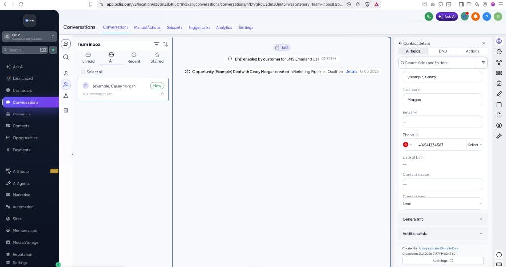 Ocliq unified inbox with conversations, contacts, and AI Studio
